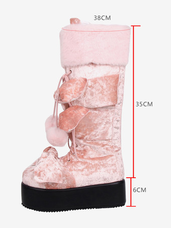 ゴシックロリータブーツ ピンク PU ラウンドトゥ テリー ウェッジヒール ニーハイ ロリータシューズ