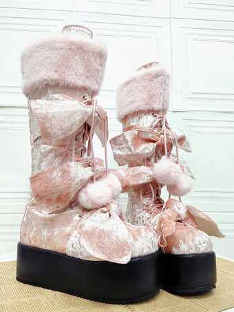 ゴシックロリータブーツ ピンク PU ラウンドトゥ テリー ウェッジヒール ニーハイ ロリータシューズ