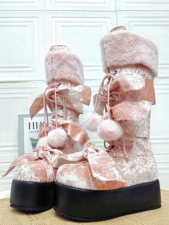 ゴシックロリータブーツ ピンク PU ラウンドトゥ テリー ウェッジヒール ニーハイ ロリータシューズ