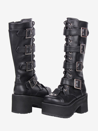 ゴシックロリータブーツ ブラック ラウンドトゥ PUレザー チャンキーヒール ニーハイ ロリータシューズ