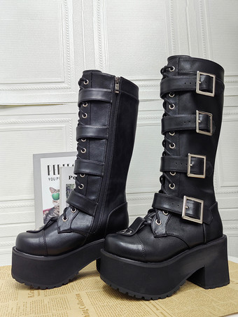 ゴシックロリータブーツ ブラック ラウンドトゥ PUレザー チャンキーヒール ニーハイ ロリータシューズ