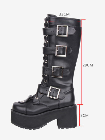 ゴシックロリータブーツ ブラック ラウンドトゥ PUレザー チャンキーヒール ニーハイ ロリータシューズ