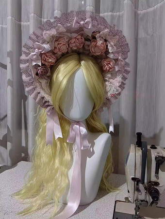 スイートロリータボンネットハットフリルフラワーピンクロリータアクセサリーヘッドウェア