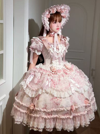ゴスロリドレス ピンク花嫁ロリータ姫袖 森ガール リボン 宮殿風 夢可愛いお嬢様 ゴスロリドレス ピンク花嫁ロリータ姫袖 森ガール リボン 宮殿風 夢