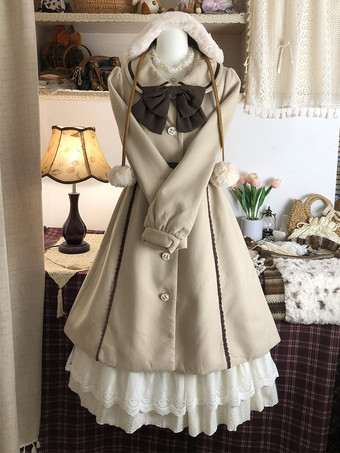 ライトブラウンスイートロリータコート ライトブラウン リボン 長袖オーバーコート ロリータコート