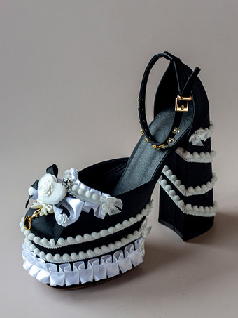 ブラック スイートロリータシューズ ライトグリーン リボン フリル PUレザー チャンキーヒール ロリータパンプス