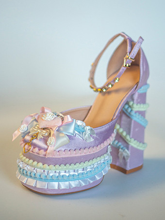 パープル スイートロリータシューズ ライトグリーン リボン フリル PUレザー チャンキーヒール ロリータパンプス