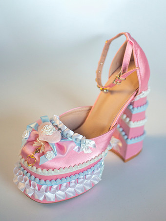 ピンクスイートロリータシューズ ライトグリーン リボン フリル PUレザー チャンキーヒール ロリータパンプス
