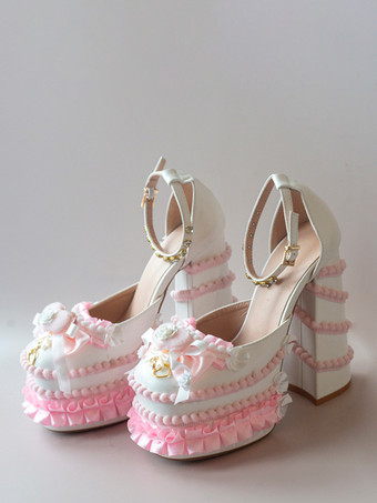 ホワイト スイートロリータシューズ ライトグリーン リボン フリル PUレザー チャンキーヒール ロリータパンプス