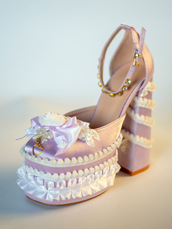 ライラックカラースイートロリータシューズ ライトグリーン リボン フリル PUレザー チャンキーヒール ロリータパンプス