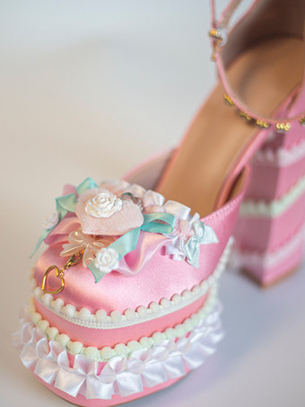 ライトグリーン スイートロリータシューズ ライトグリーン リボン フリル PUレザー チャンキーヒール ロリータパンプス