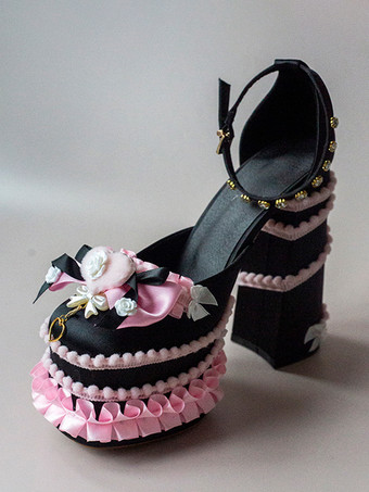 ソフトピンクスイートロリータシューズ ライトグリーン リボン フリル PUレザー チャンキーヒール ロリータパンプス