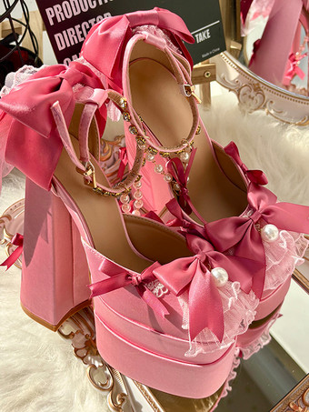 スイートロリータシューズ ピンクチェーン レースアップ リボン ラウンドトゥ チャンキーヒール ロリータシューズ