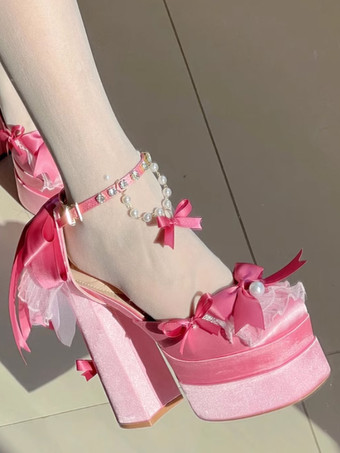 スイートロリータシューズ ピンクチェーン レースアップ リボン ラウンドトゥ チャンキーヒール ロリータシューズ