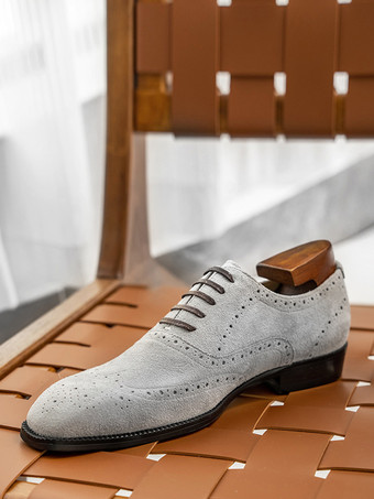 ライトグレーメンズ スエード オックスフォードシューズ ラウンドトゥ レースアップ ブローグ ドレスシューズ