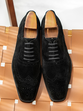 ブラック メンズ スエード オックスフォードシューズ ラウンドトゥ レースアップ ブローグ ドレスシューズ