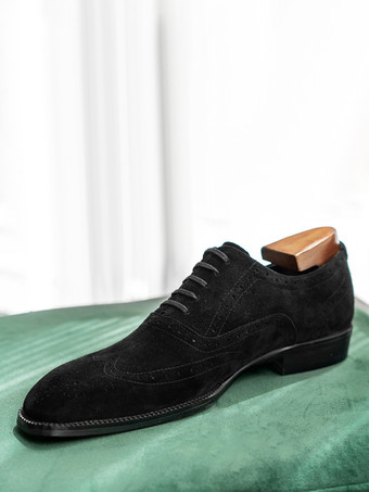 メンズ スエード オックスフォードシューズ ラウンドトゥ レースアップ ブローグ ドレスシューズ