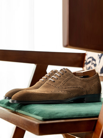 メンズ スエード オックスフォードシューズ ラウンドトゥ レースアップ ブローグ ドレスシューズ