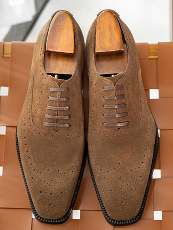 ブラウン メンズ スエード オックスフォードシューズ ラウンドトゥ レースアップ ブローグ ドレスシューズ