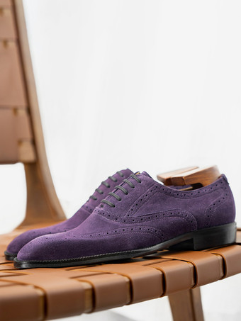パープル メンズ スエード オックスフォードシューズ ラウンドトゥ レースアップ ブローグ ドレスシューズ