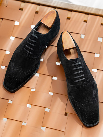 メンズ スエード オックスフォードシューズ ラウンドトゥ レースアップ ブローグ ドレスシューズ