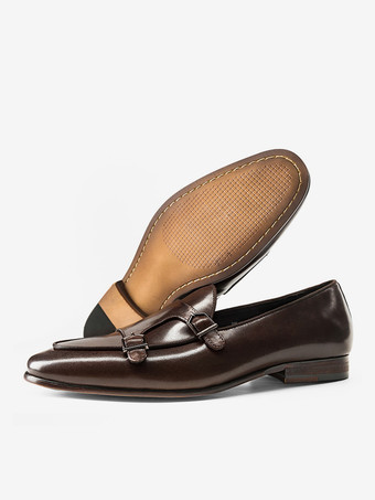 メンズ用ブラックドレスシューズ 本革ラウンドトゥ スリッポン モンクローファー