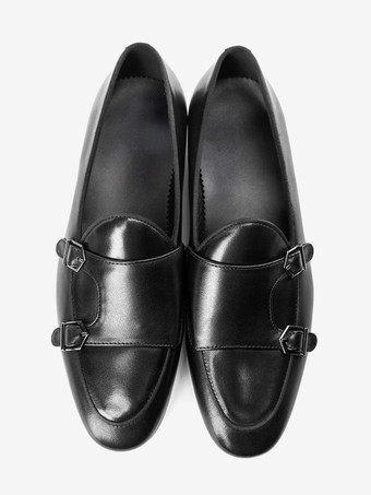 メンズ用ブラックドレスシューズ 本革ラウンドトゥ スリッポン モンクローファー