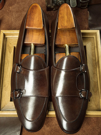 ブラウン メンズ用ブラックドレスシューズ 本革ラウンドトゥ スリッポン モンクローファー