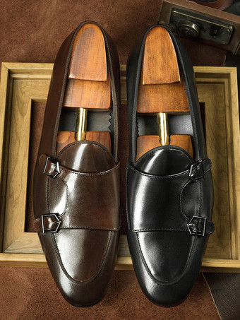 メンズ用ブラックドレスシューズ 本革ラウンドトゥ スリッポン モンクローファー