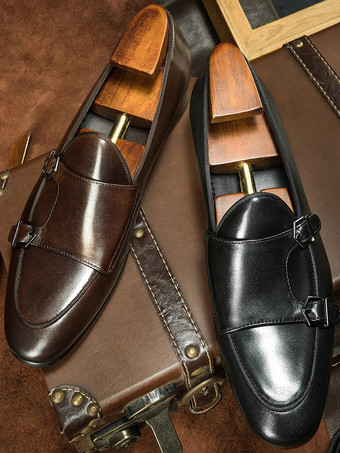 メンズ用ブラックドレスシューズ 本革ラウンドトゥ スリッポン モンクローファー