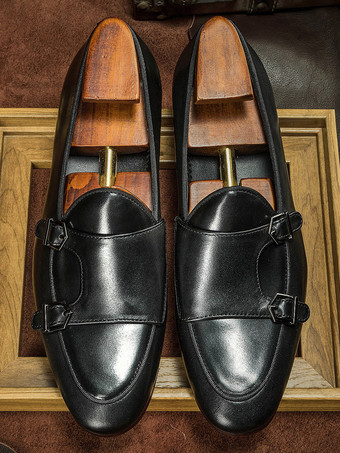 メンズ用ブラックドレスシューズ 本革ラウンドトゥ スリッポン モンクローファー