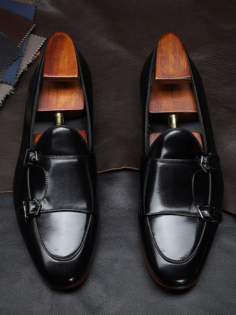 メンズ用ブラックドレスシューズ 本革ラウンドトゥ スリッポン モンクローファー