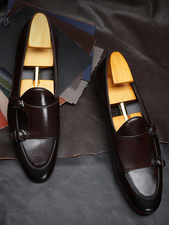 メンズ用ブラックドレスシューズ 本革ラウンドトゥ スリッポン モンクローファー