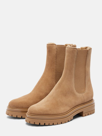ブラウン スエードアンクルブーツ レディース ラウンドトゥ フラットチェルシーブーツ