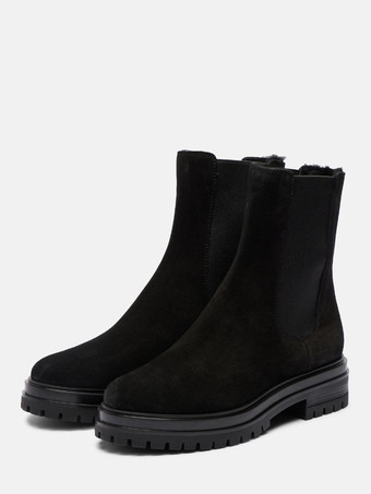 ブラック スエードアンクルブーツ レディース ラウンドトゥ フラットチェルシーブーツ