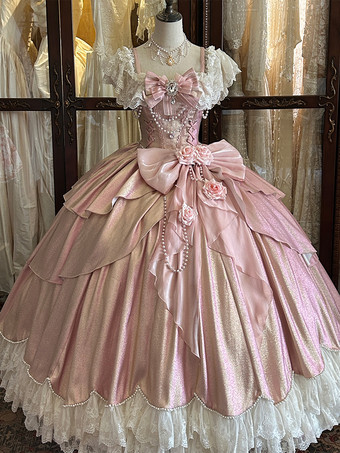 ピンク妖精のロリータドレス ブルーのリボンと花のフリルのロングレースのロリータドレス