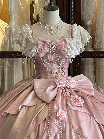 妖精のロリータドレス ブルーのリボンと花のフリルのロングレースのロリータドレス