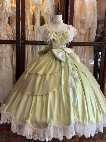 妖精のロリータドレス ブルーのリボンと花のフリルのロングレースのロリータドレス