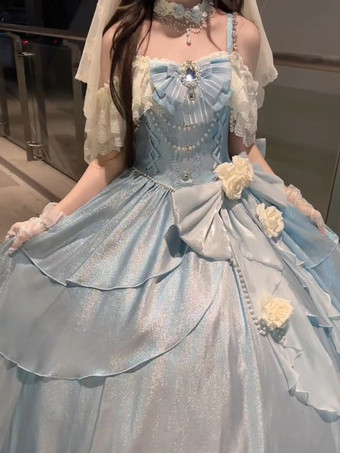 妖精のロリータドレス ブルーのリボンと花のフリルのロングレースのロリータドレス