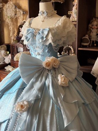 妖精のロリータドレス ブルーのリボンと花のフリルのロングレースのロリータドレス