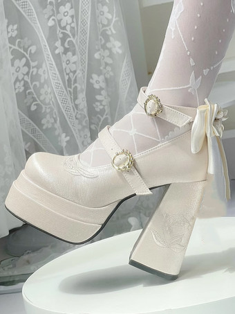 スイートロリータシューズ ピンクのリボン メリージェーンハイヒール プラットフォームロリータパンプス