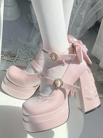 ピンクスイートロリータシューズ ピンクのリボン メリージェーンハイヒール プラットフォームロリータパンプス