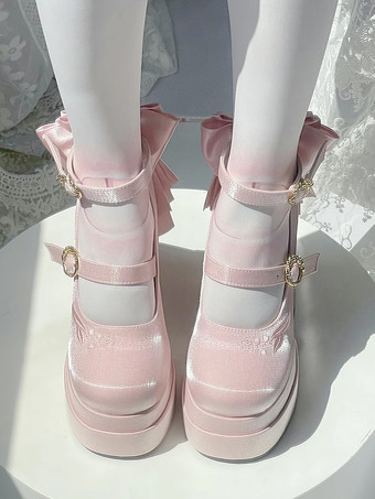 スイートロリータシューズ ピンクのリボン メリージェーンハイヒール プラットフォームロリータパンプス