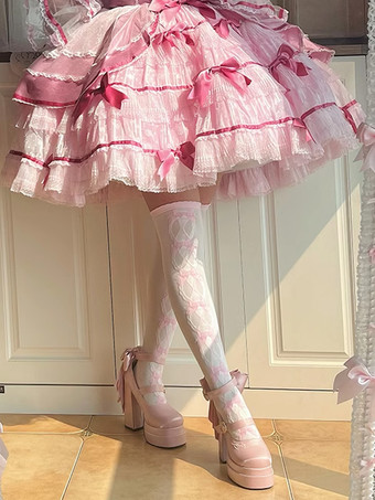 スイートロリータシューズ ピンクのリボン メリージェーンハイヒール プラットフォームロリータパンプス