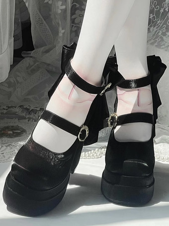 ブラック スイートロリータシューズ ピンクのリボン メリージェーンハイヒール プラットフォームロリータパンプス