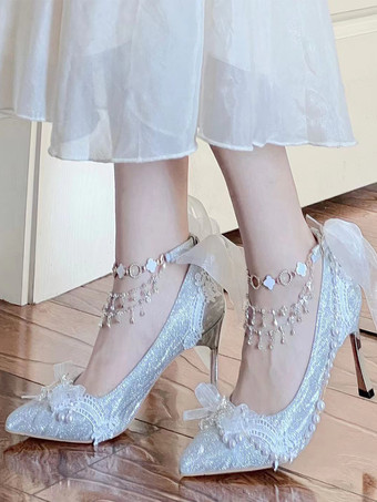 WeißSweet Lolita Schuhe blaue Ketten Schleifen spitze Zehenpartie Stilettoabsatz