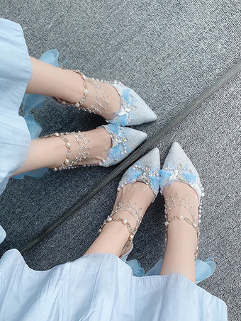 Sweet Lolita Schuhe blaue Ketten Schleifen spitze Zehenpartie Stilettoabsatz