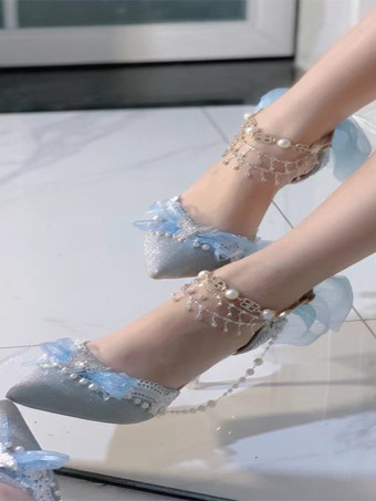 Sweet Lolita Schuhe blaue Ketten Schleifen spitze Zehenpartie Stilettoabsatz