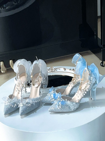 Sweet Lolita Schuhe blaue Ketten Schleifen spitze Zehenpartie Stilettoabsatz