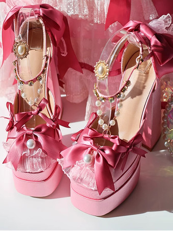 スイートロリータシューズ ピンクチェーン レースアップ リボン ラウンドトゥ チャンキーヒール ロリータシューズ